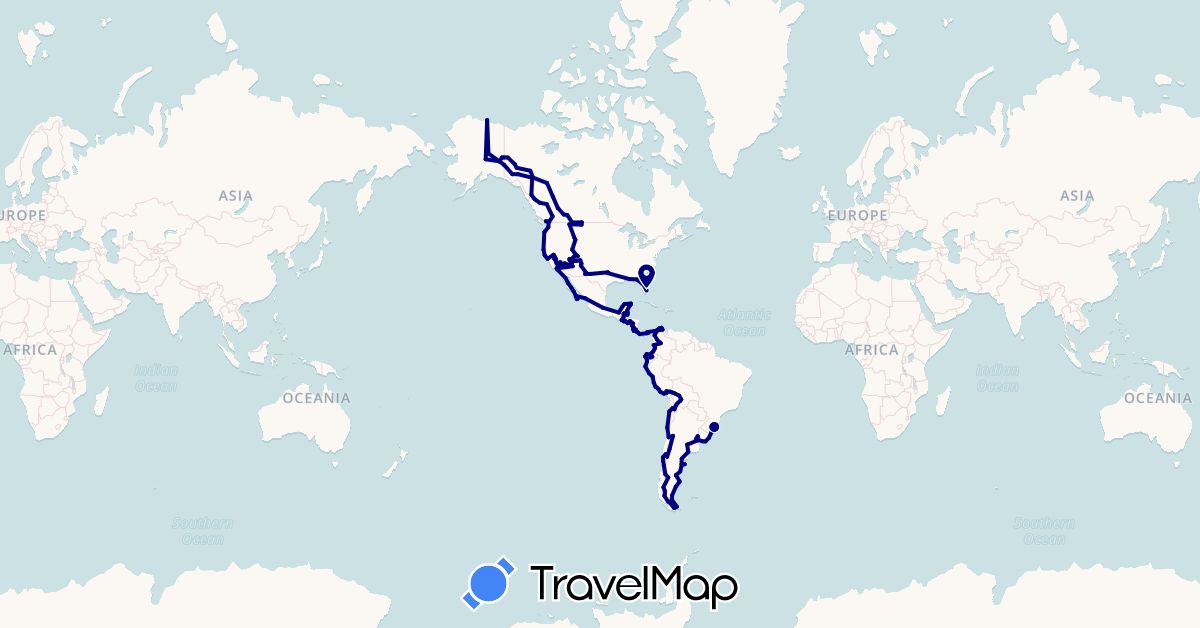 TravelMap itinerary: driving in Argentina, Bolivia, Brazil, Belize, Canada, Chile, Colombia, Costa Rica, Ecuador, Guatemala, Honduras, Mexico, Nicaragua, Panama, Peru, El Salvador, United States, Uruguay (North America, South America)