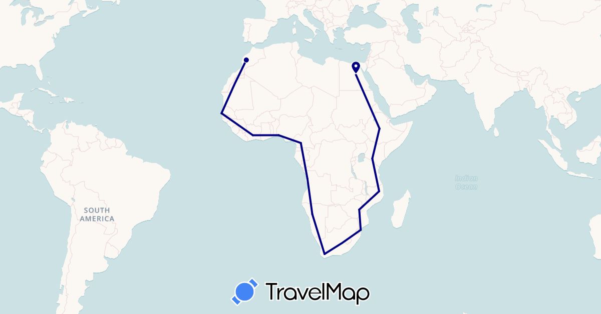 TravelMap itinerary: driving in Angola, Côte d'Ivoire, Cameroon, Egypt, Ethiopia, Kenya, Morocco, Mozambique, Namibia, Nigeria, Senegal, South Africa, Zimbabwe (Africa)